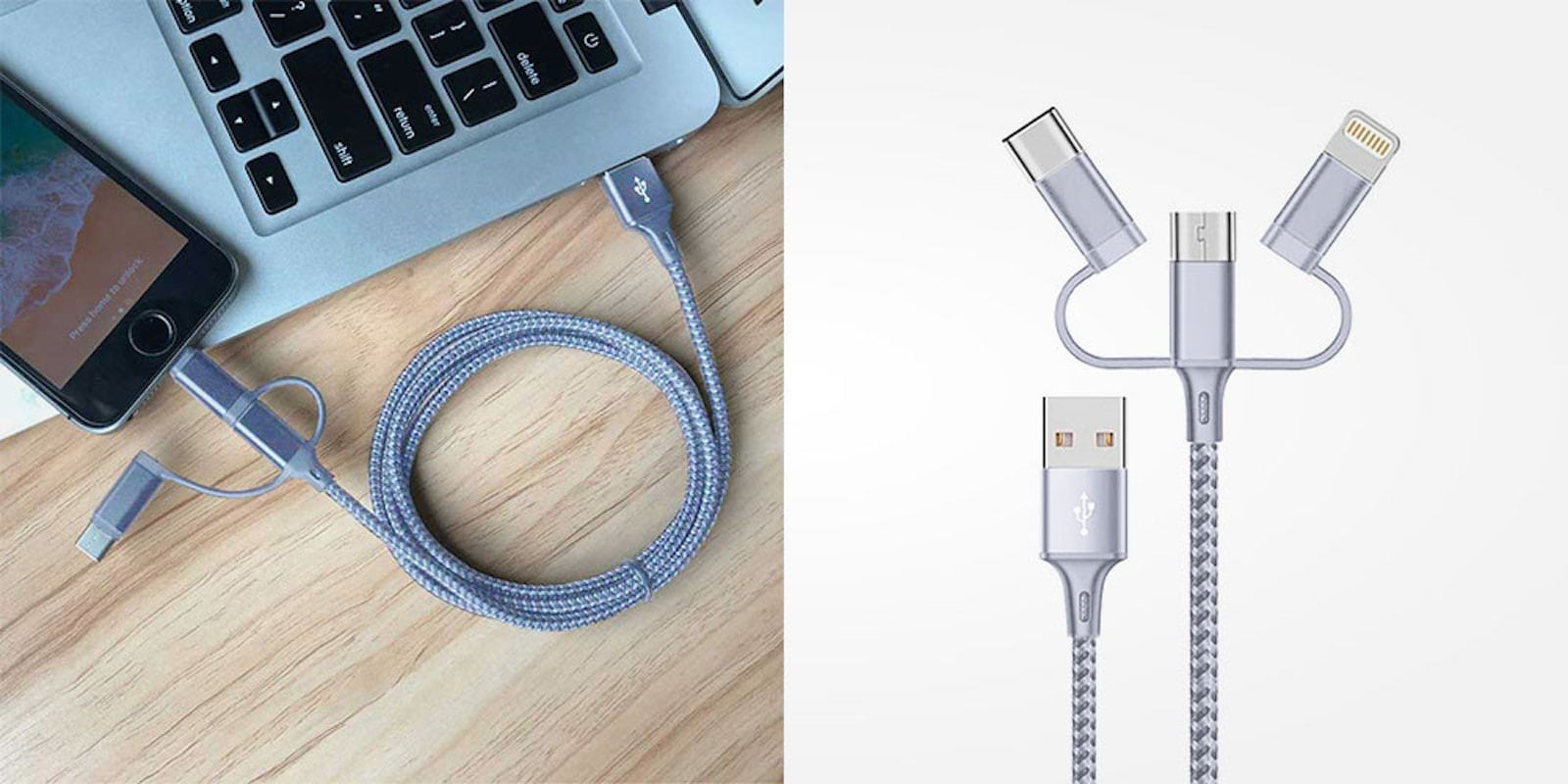 This single cable can charge and sync Micro USB, Lightning, and USB-C devices.