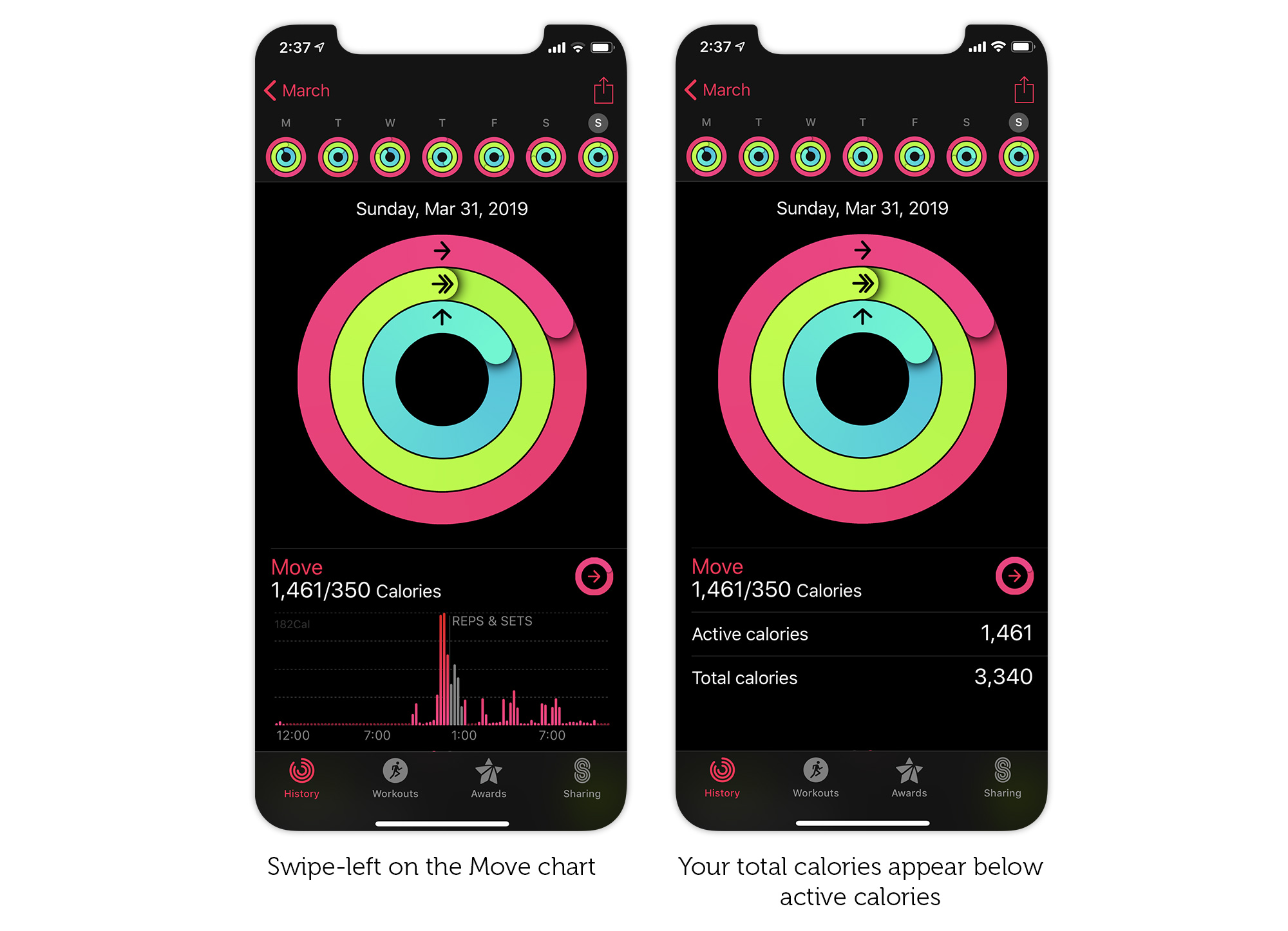 How to reveal your total calories in the iPhone Activity app.
