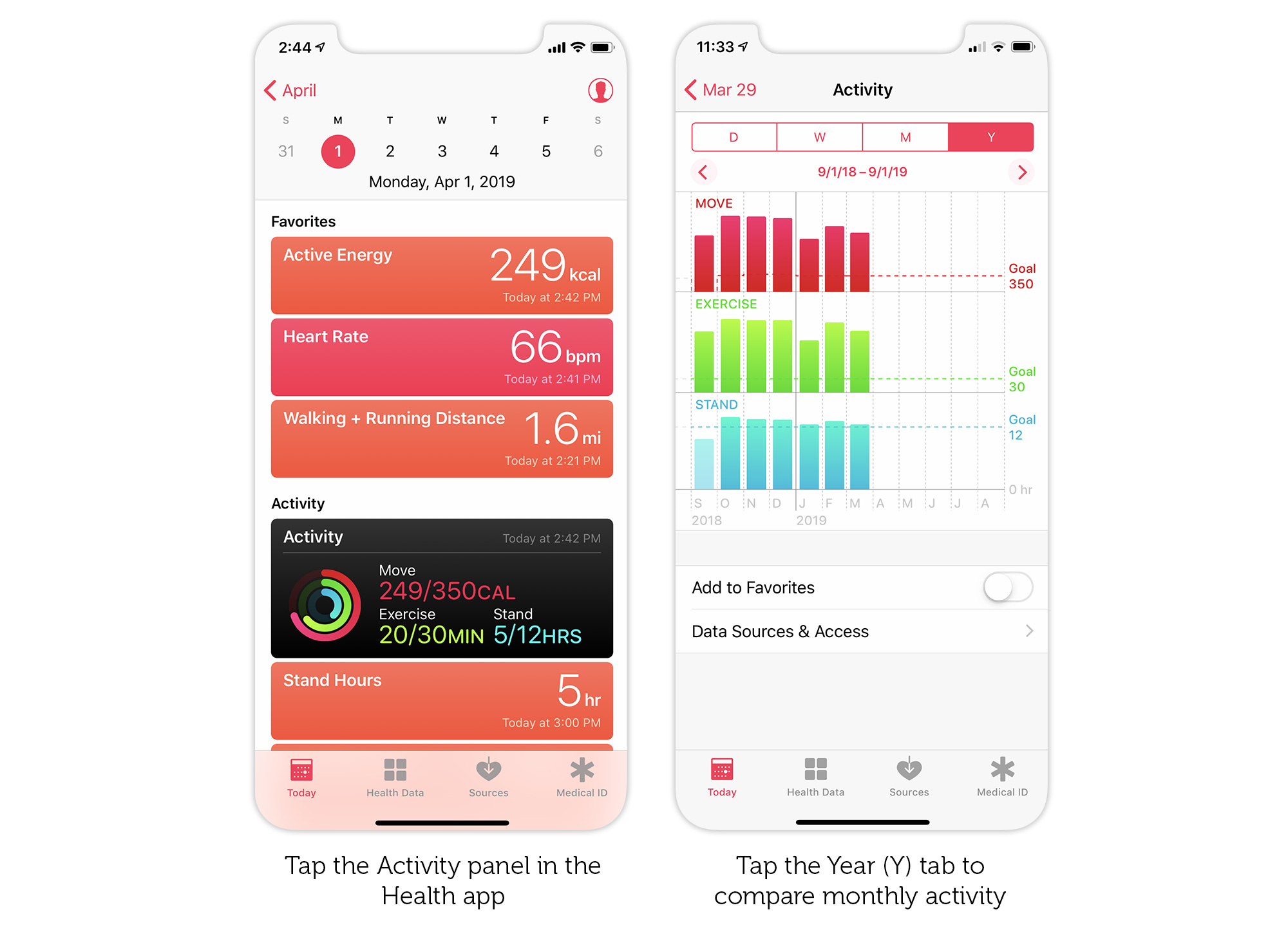 How to view activity by month and year in the Apple Health app.
