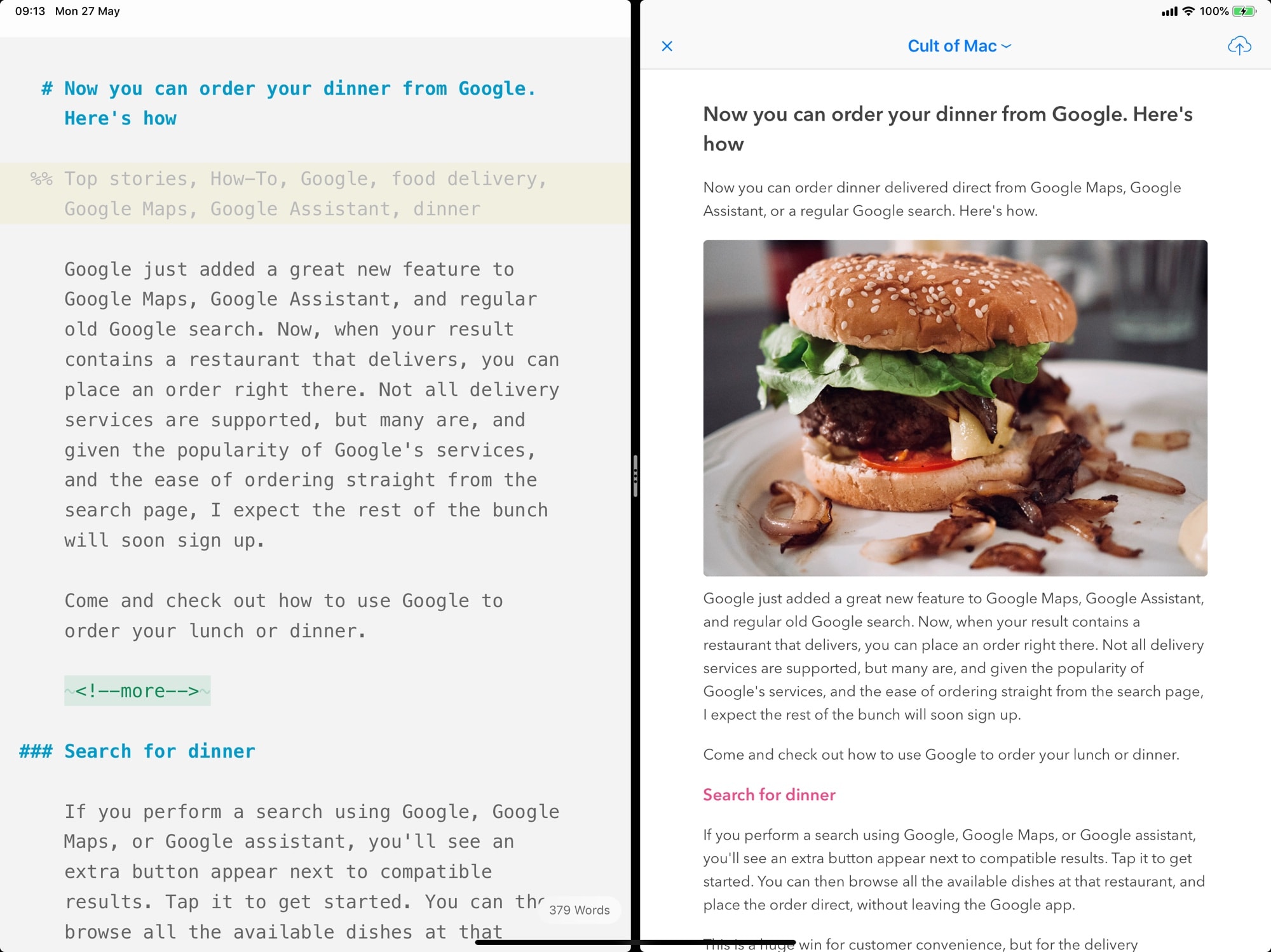 Ulysses' split view, with a publishing preview on the right.