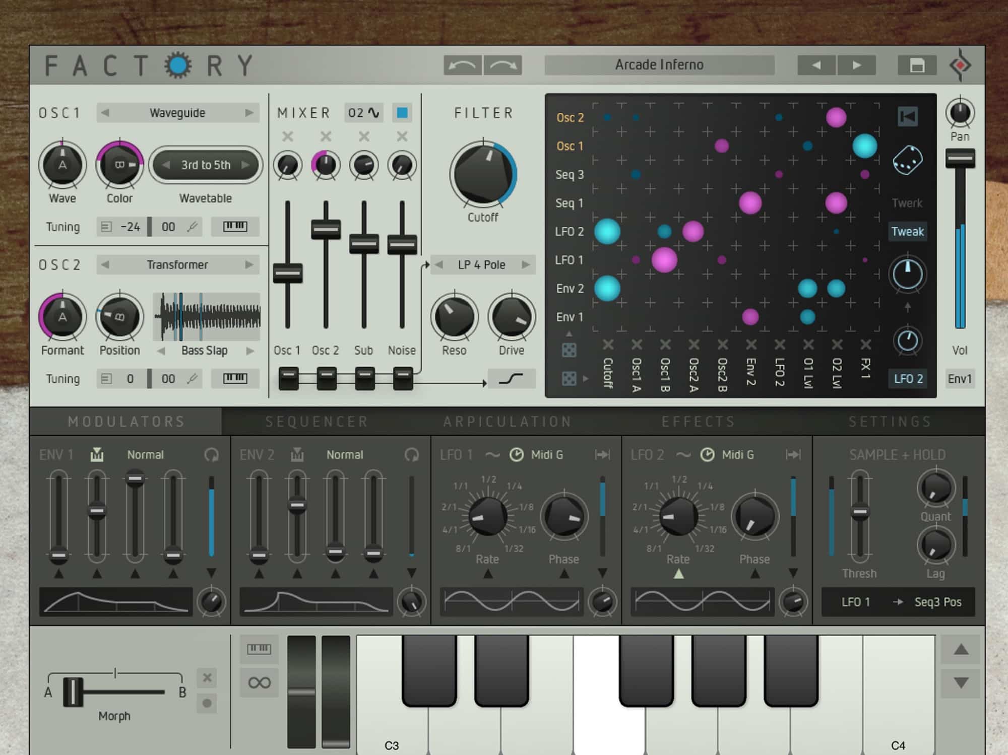 You can flip through presets, or design sounds from scratch.