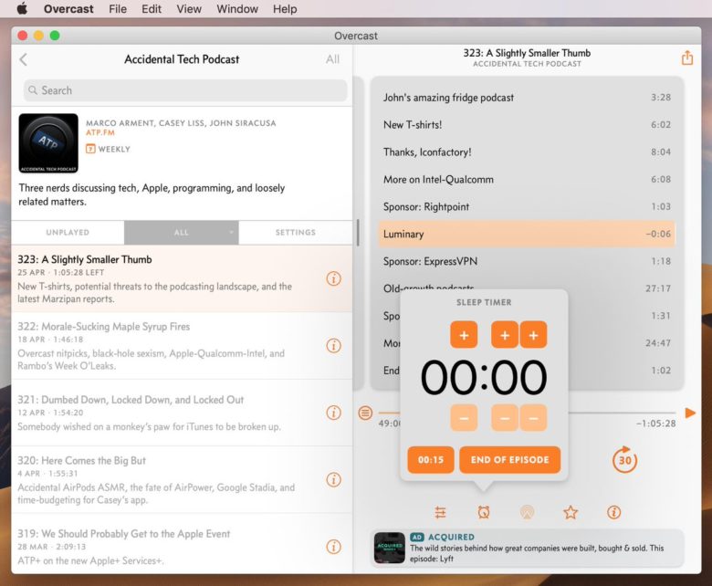 Chapters and Sleep timer in Overcast on the Mac