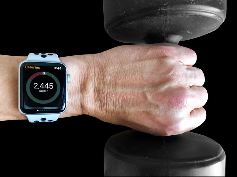 Photo of a hand holding a dumbbell, with an Apple Watch on the wrist showing the Lose It! app.