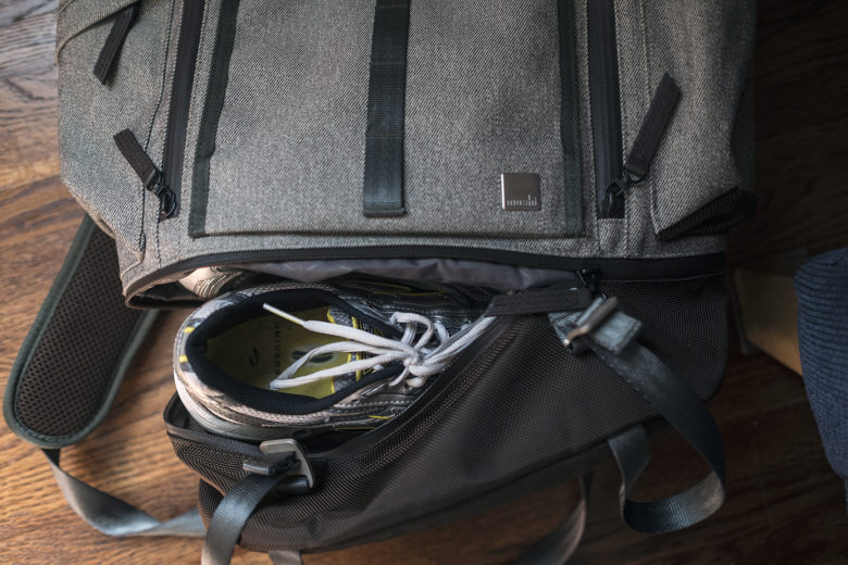 A separate bottom compartment easily fits extra shoes or sweaty gym clothes
