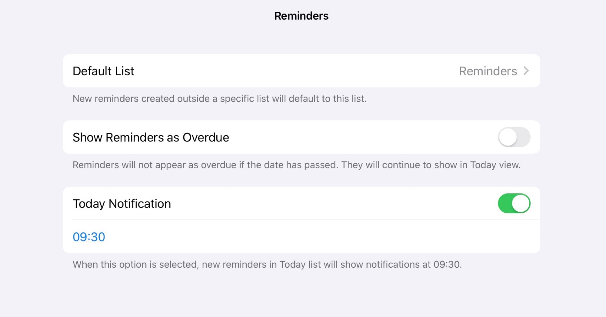 The Reminders app preference settings in iOS 13. That's more like it. 