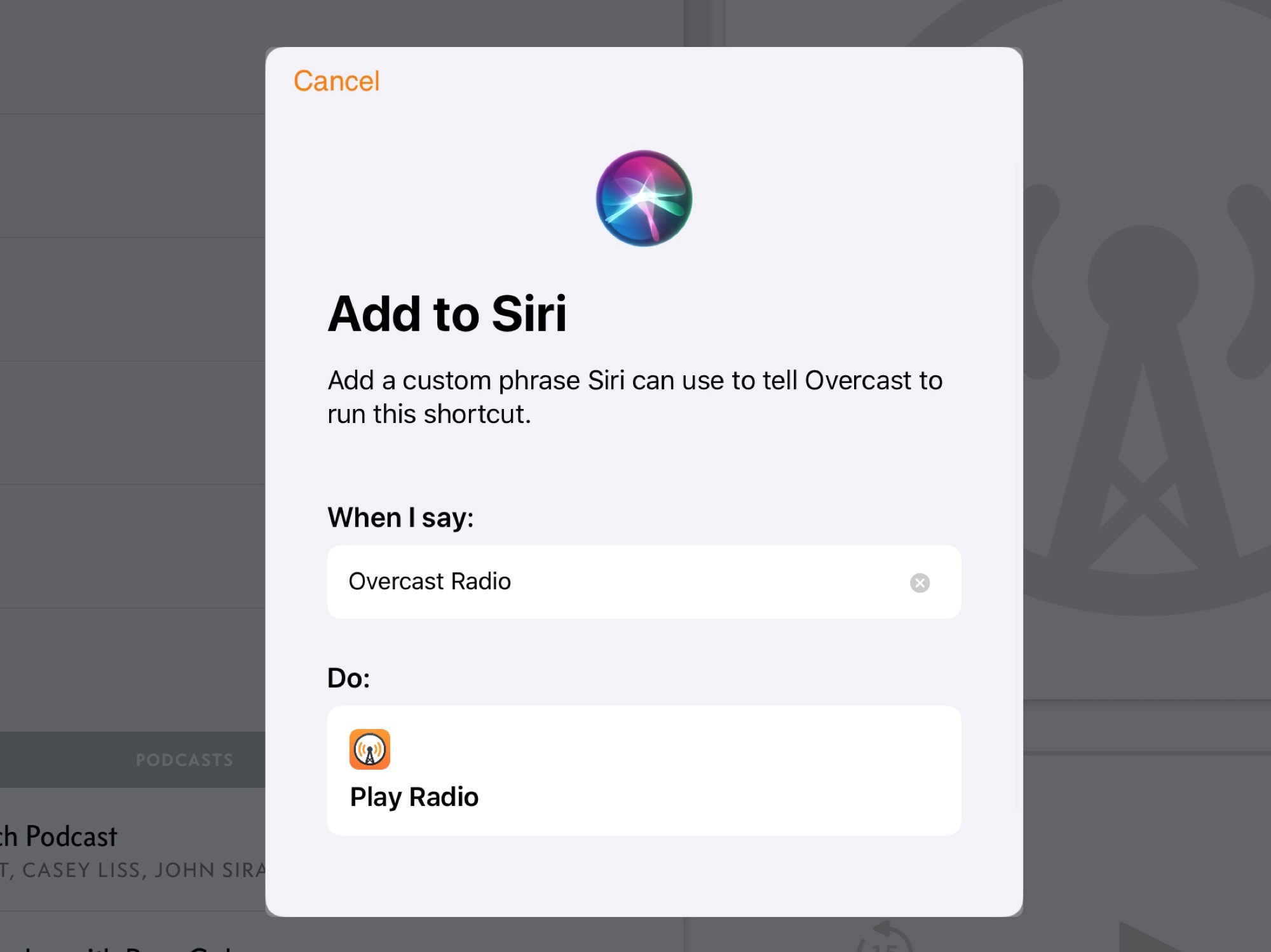 Overcast already plays great with Siri and Shortcuts.