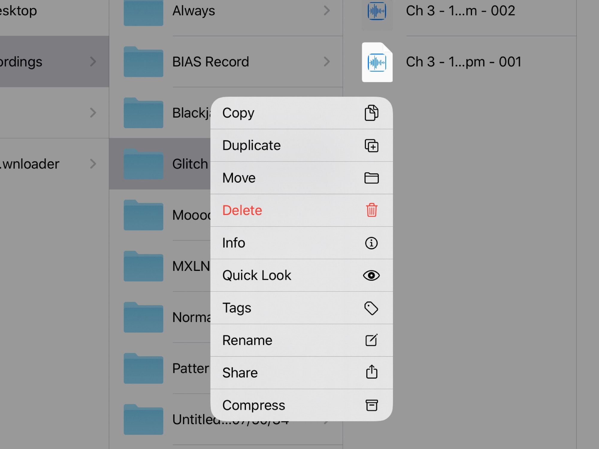 iPadOS' new contextual menus work on connected storage, too. 