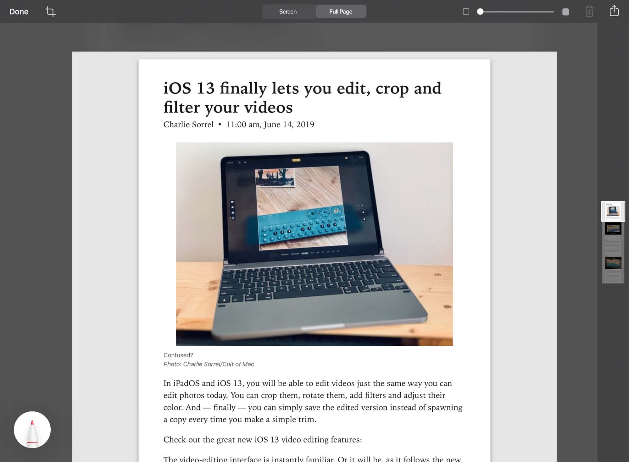 The new screen capture tool can now save full-page PDFs from Safari.
