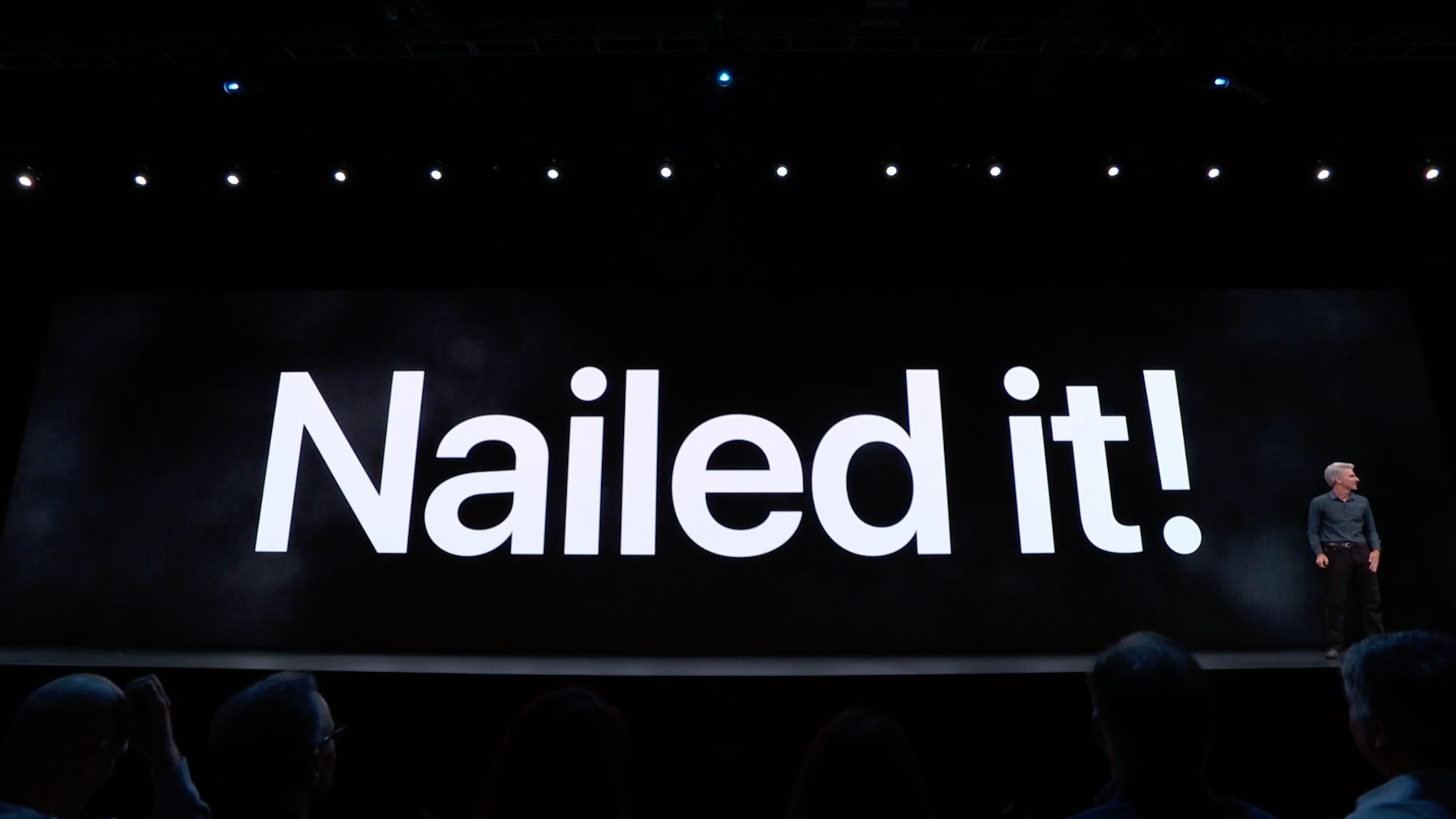 Nailed it! Craig Federighi onstage during the WWDC 2019 keynote.