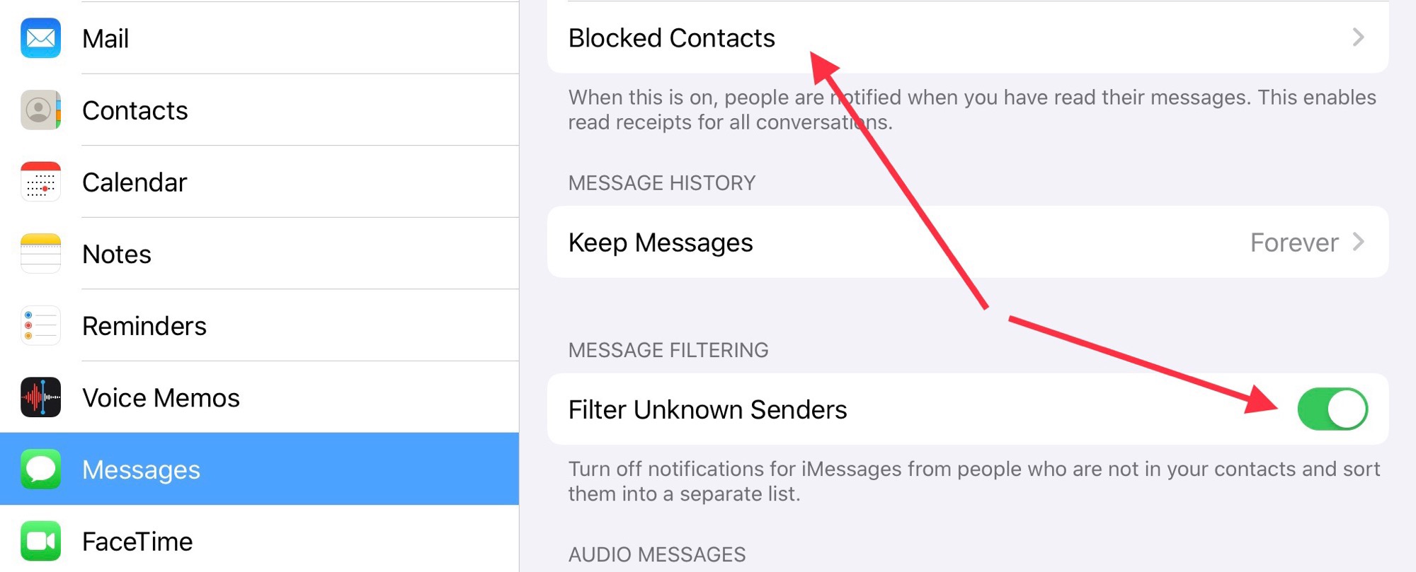 Block specific contacts, and filter unknown senders.