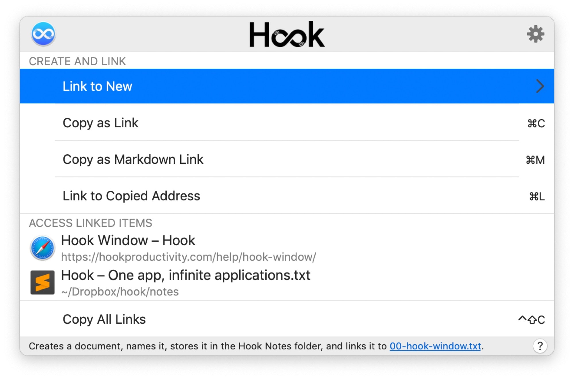 Hook's quick panel shows linked documents.