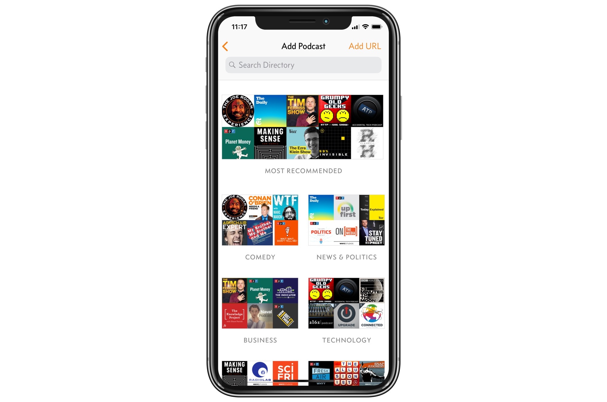 Overcast podcast recommendations are grouped by genre.