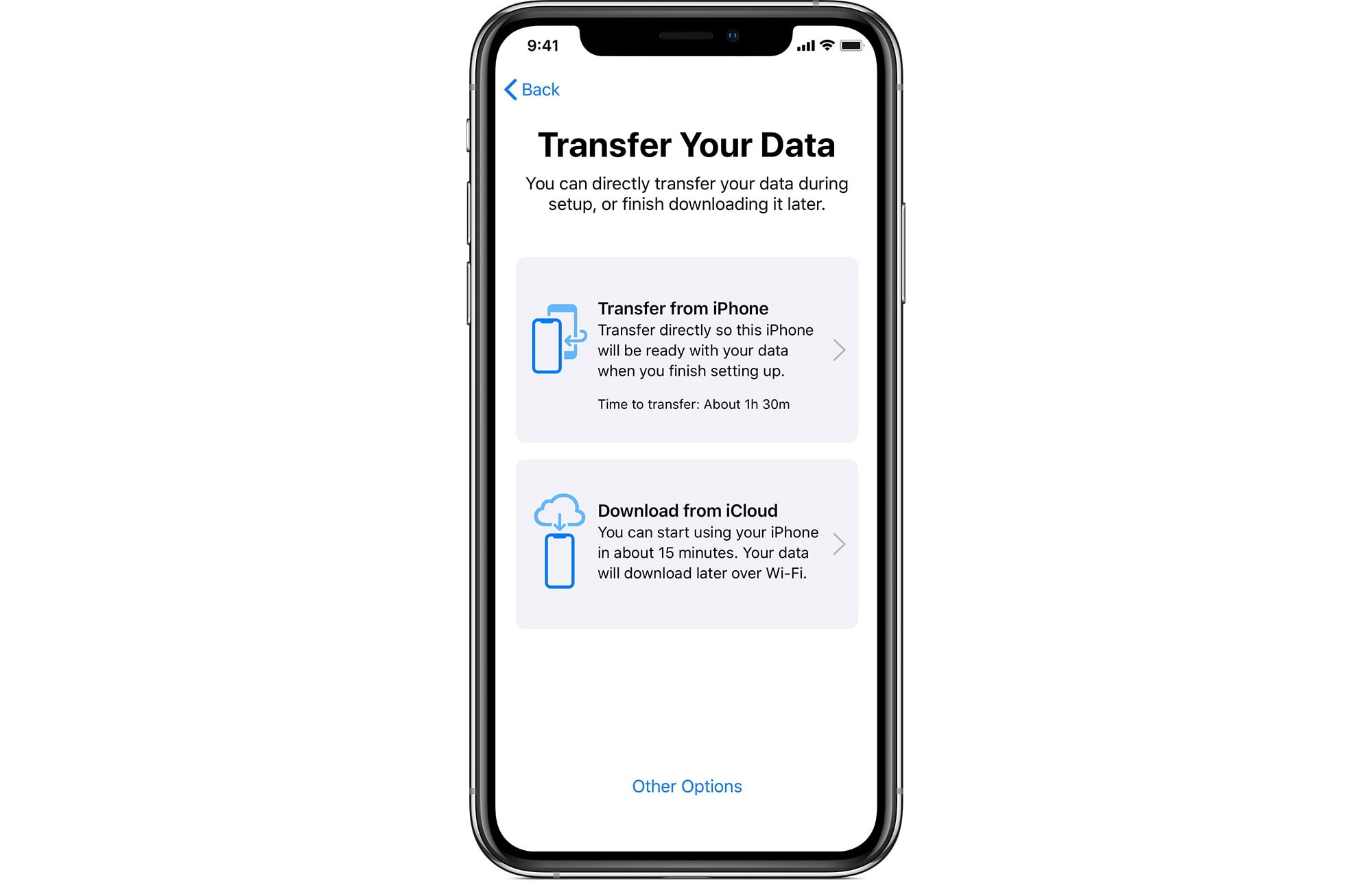 iPhone Migration appears as a new option on the Data Transfer screen.