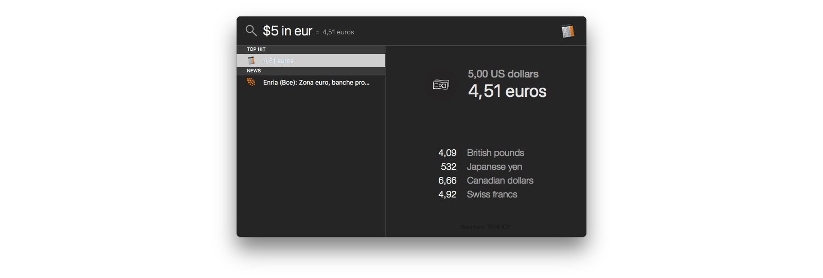You can use the Mac Spotlight to convert pretty much anything, including currency.