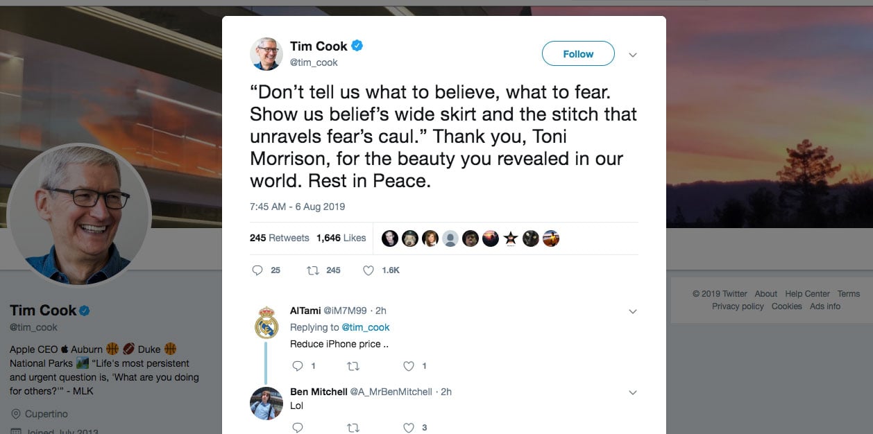 Tim Cook tweet about the passing of Toni Morrison