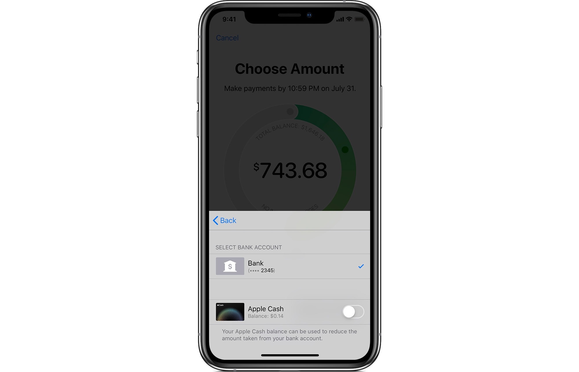 You can use your Apple Cash balance to pay off your credit card balance.