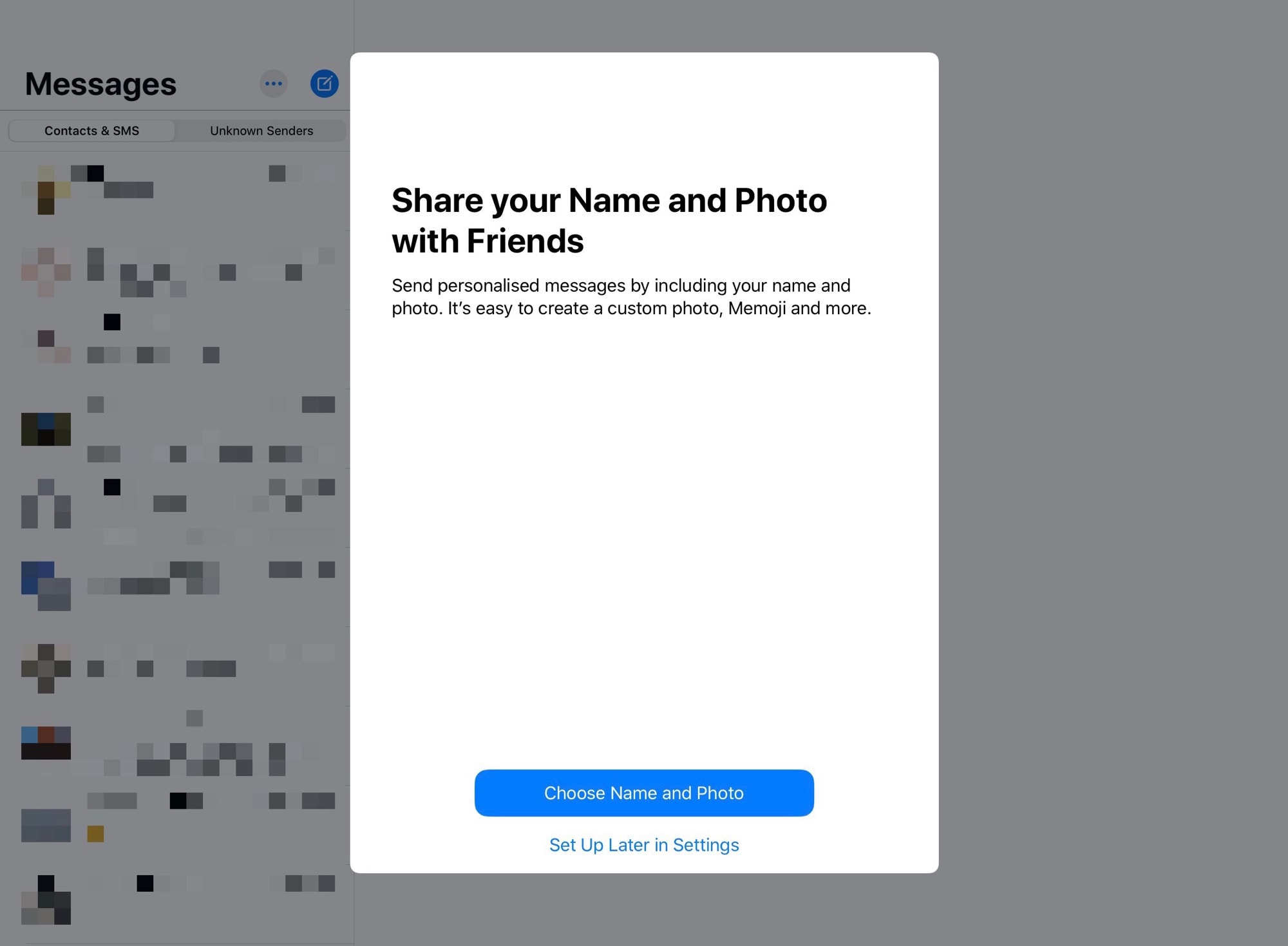 Set up your new profile inside the Messages app.