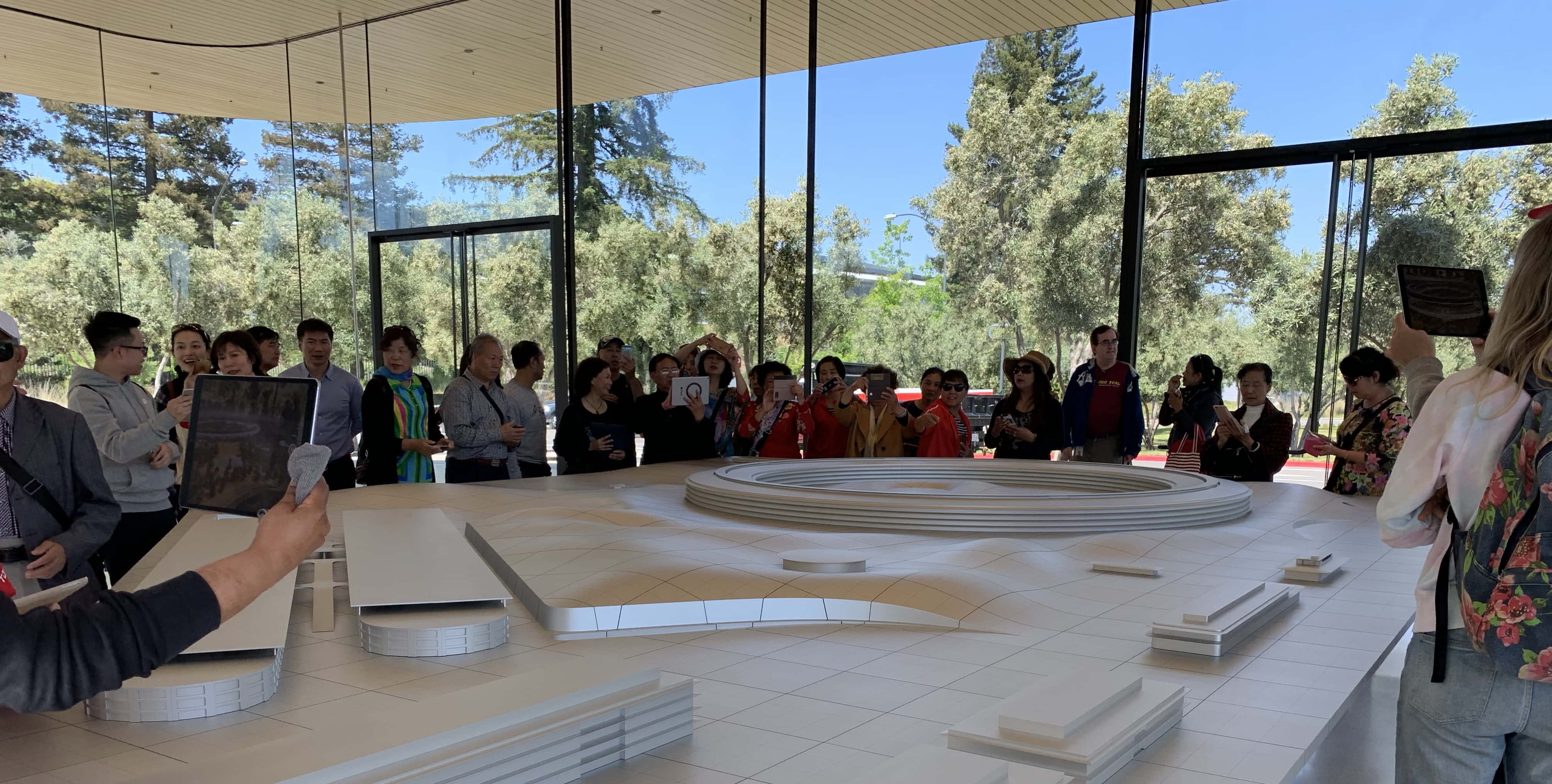 At Apple Park, tourists already use iPads to see virtual landmarks pop up on a model of the campus.