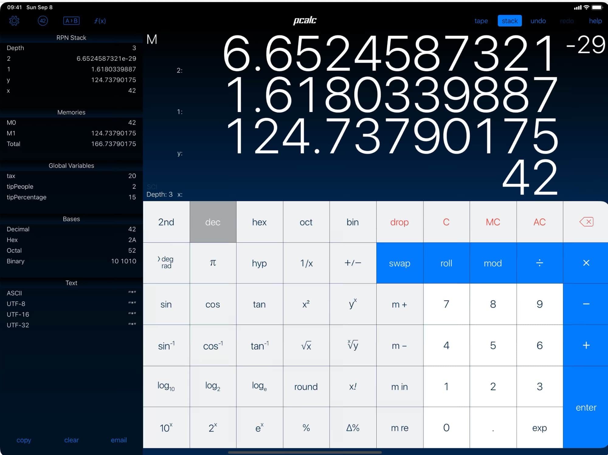 PCalc, the most absurdly capable calculator app. 