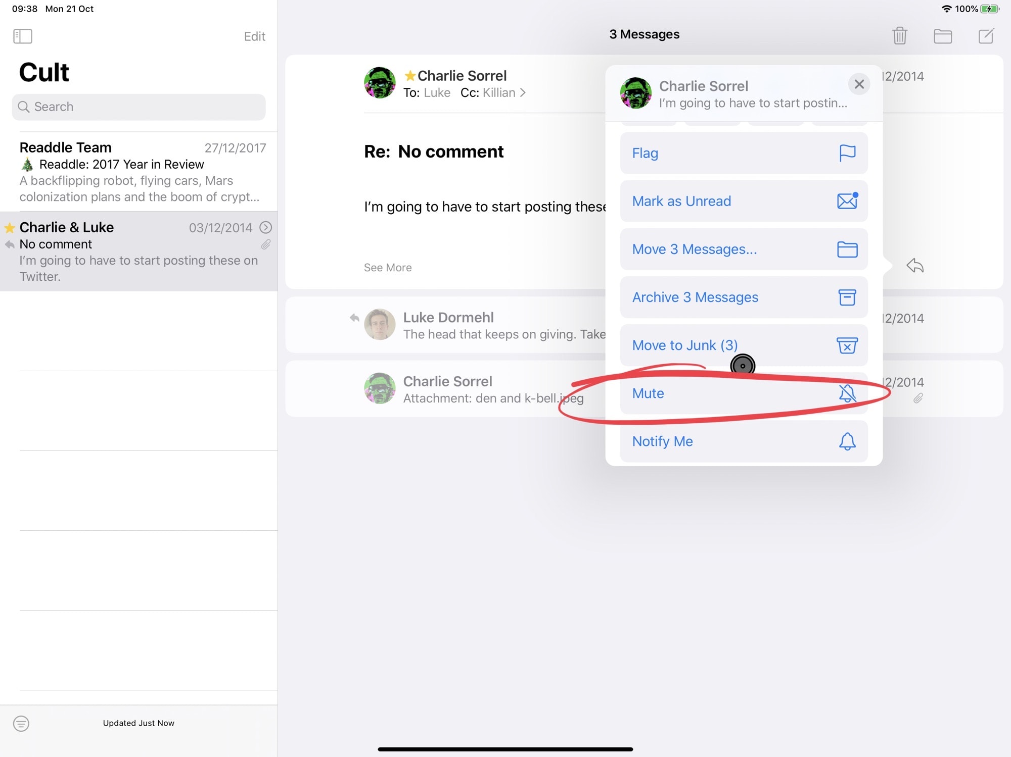 Hit the reply arrow to see the advanced options, including one that lets you mute email threads. 