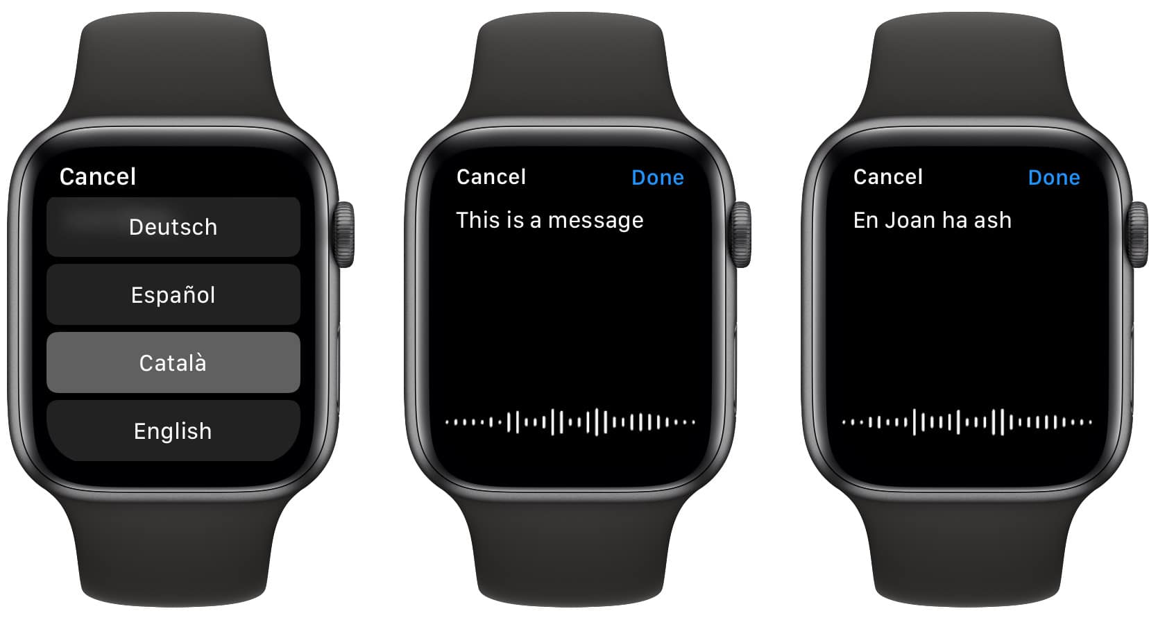 Long-press the Apple Watch dictation screen to get this language-selection menu. 