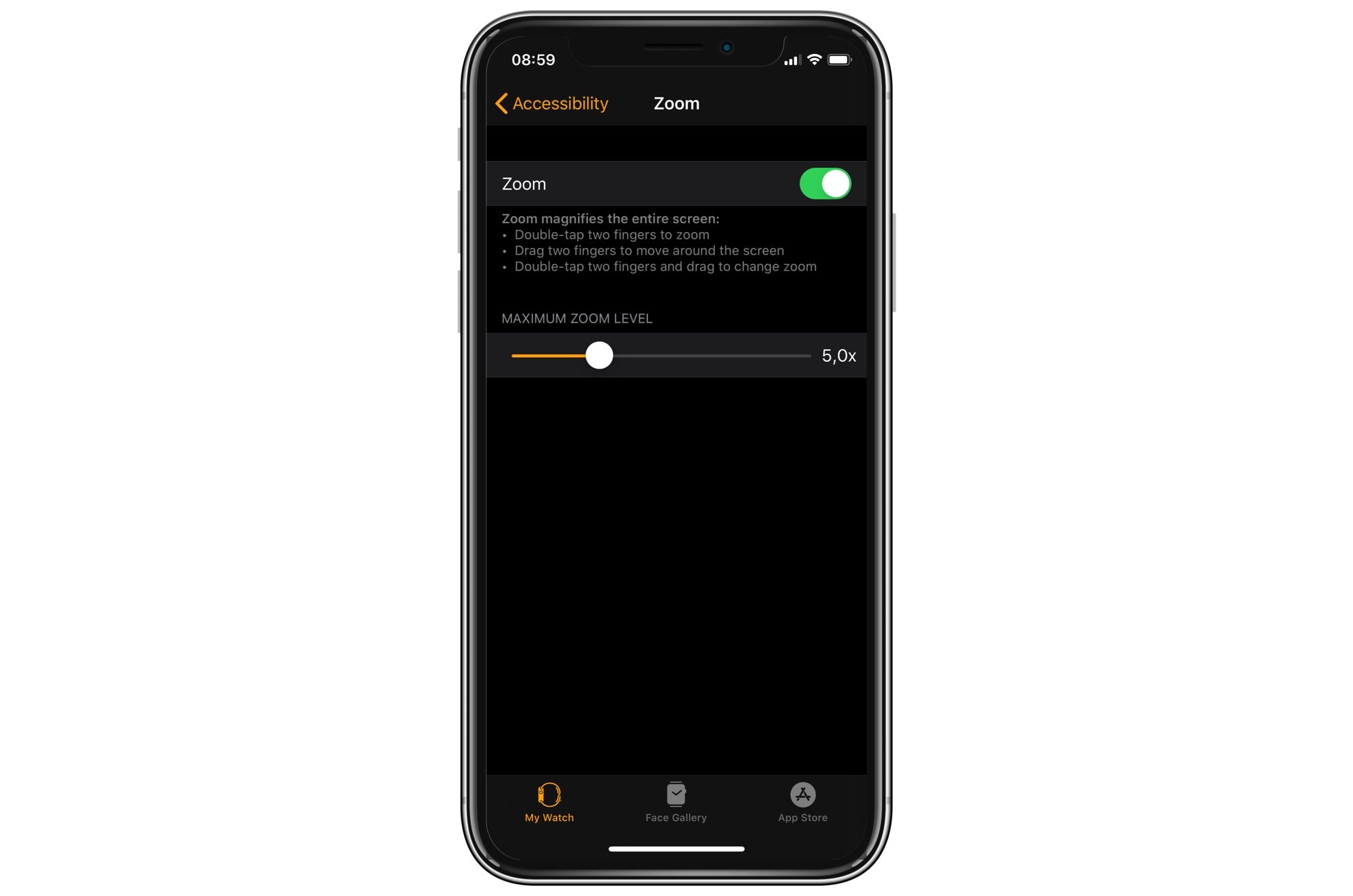 Image 02 10 2019 09 02 You can change the Zoom setting from the Watch app, too.