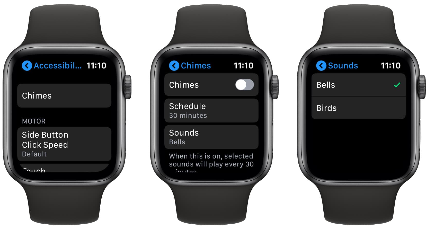 The hourly chime settings on the Apple Watch.
