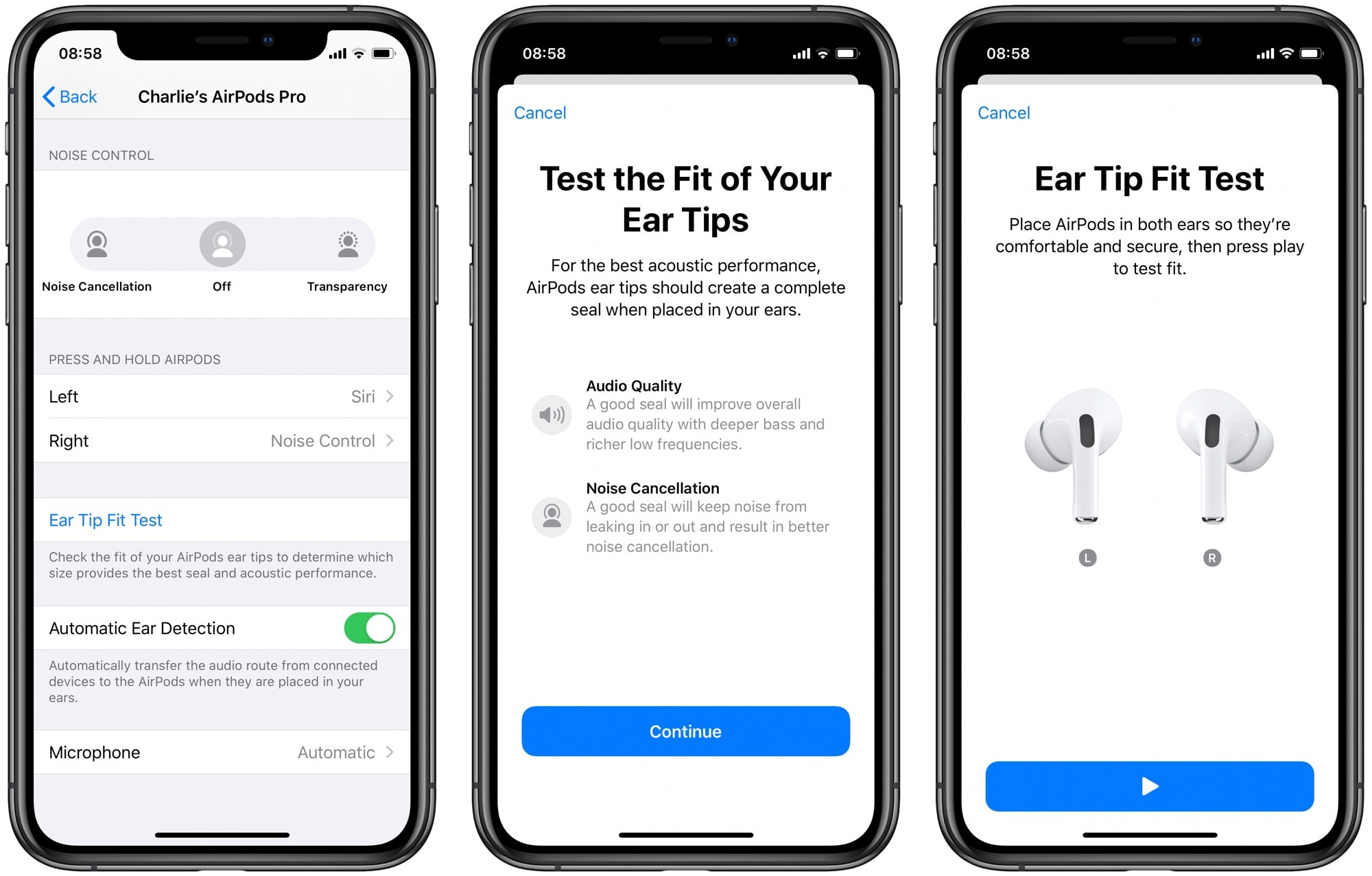 The AirPods Pro Ear Tip Fit Test on iPhone. 
