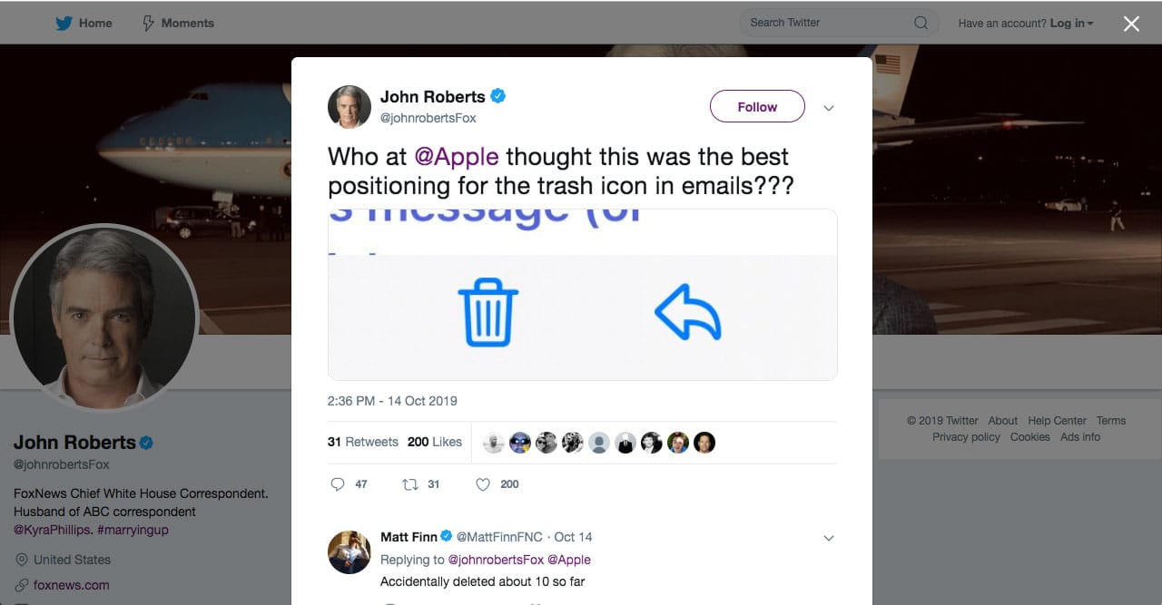 Tweet regading iOS 13 tweak that moved trash can