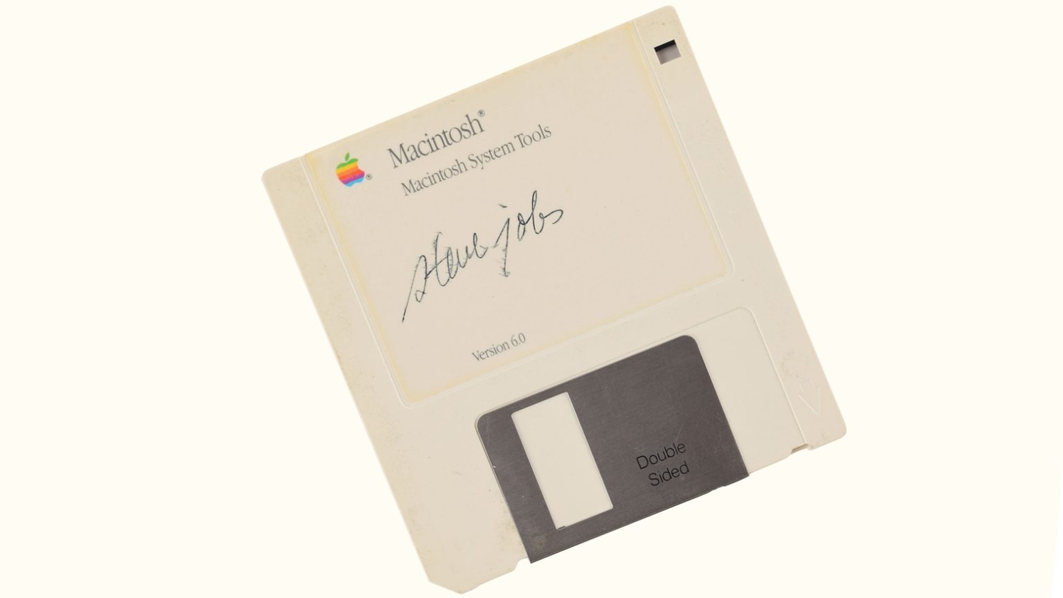 This 3.5-inch Macintosh floppy disk signed by Steve Jobs is up for auction.
