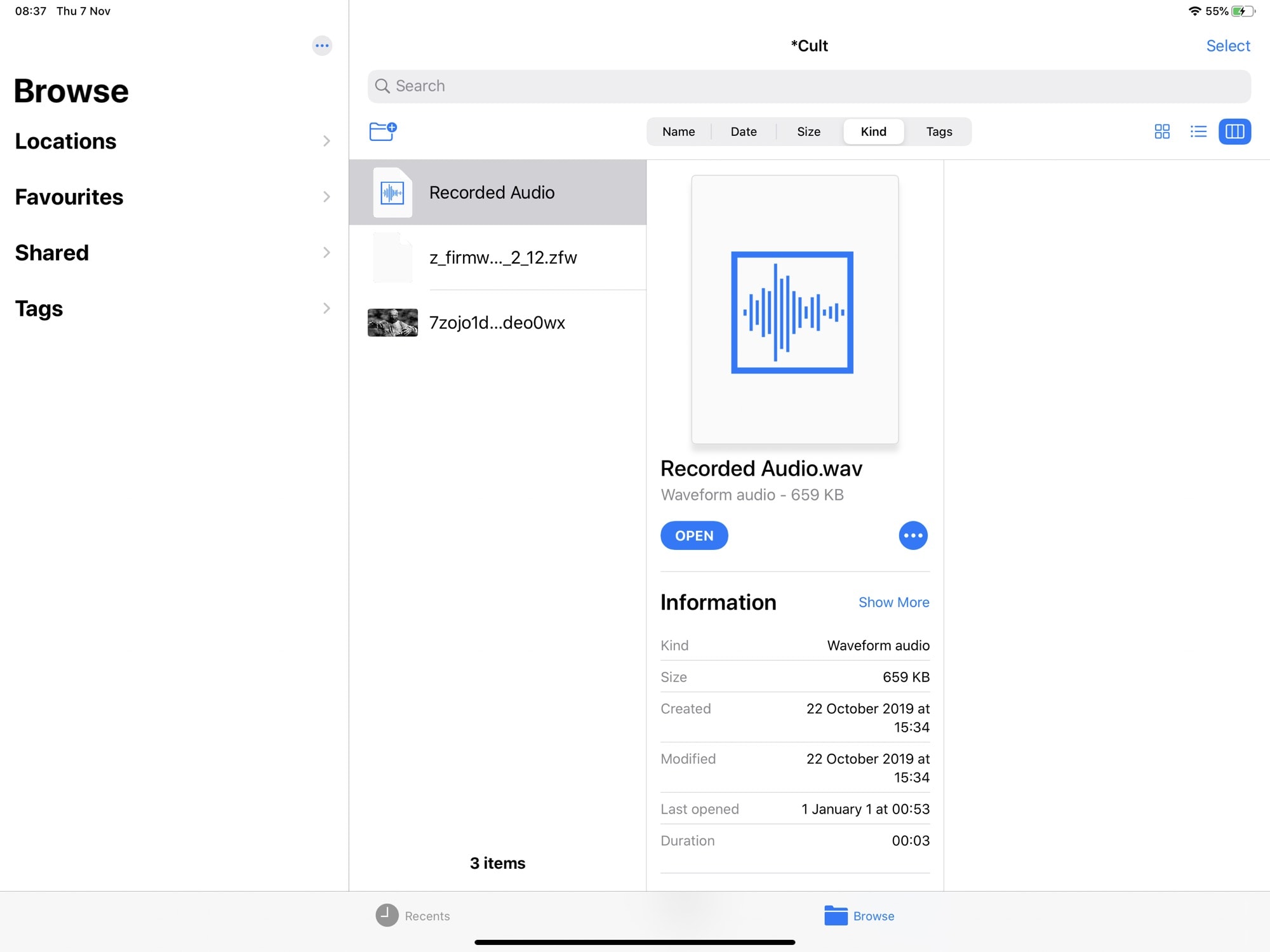 An audio file in the new Files app column view.