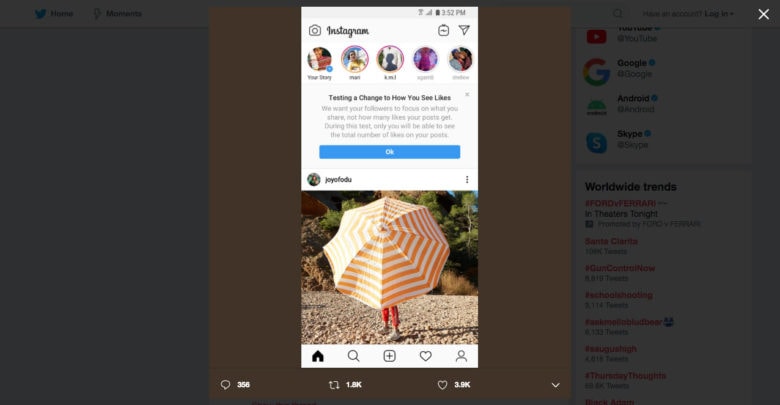 Instagram's Twitter announcement on hiding likes