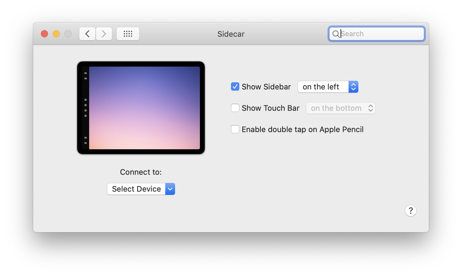 The Mac's Sidecar preferences. 