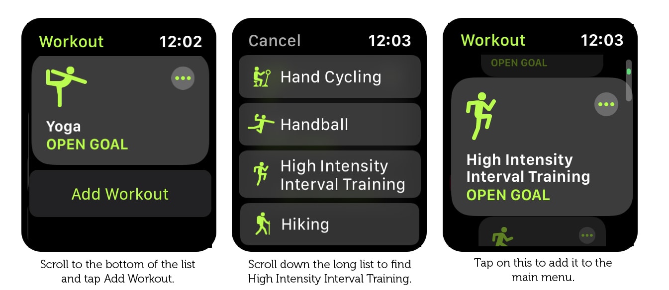 Where to find the HIIT workout option on Apple Watch