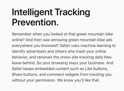 Intelligent Tracking Prevention is heavily promoted on Apple's Safari website