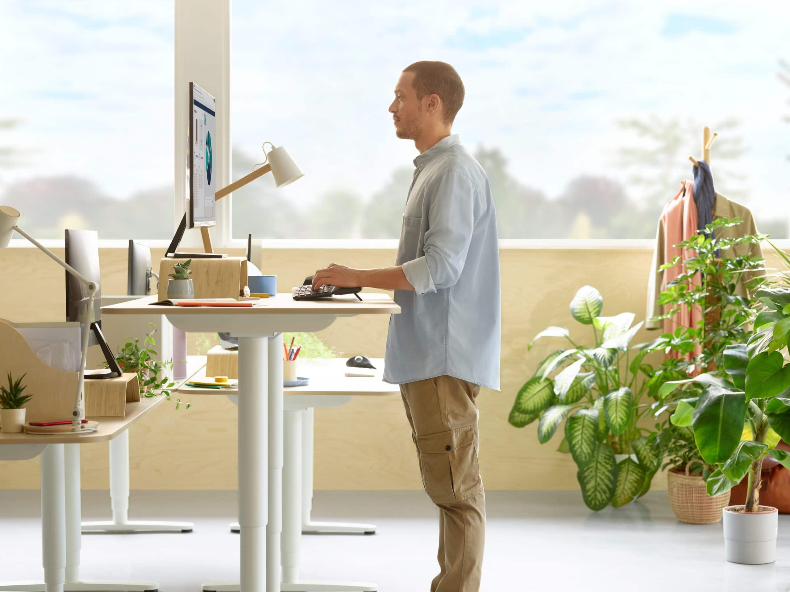 You can adjust the height of the front of the Logitech Ergo K860 keyboard to optimize your wrist position at a standing desk.