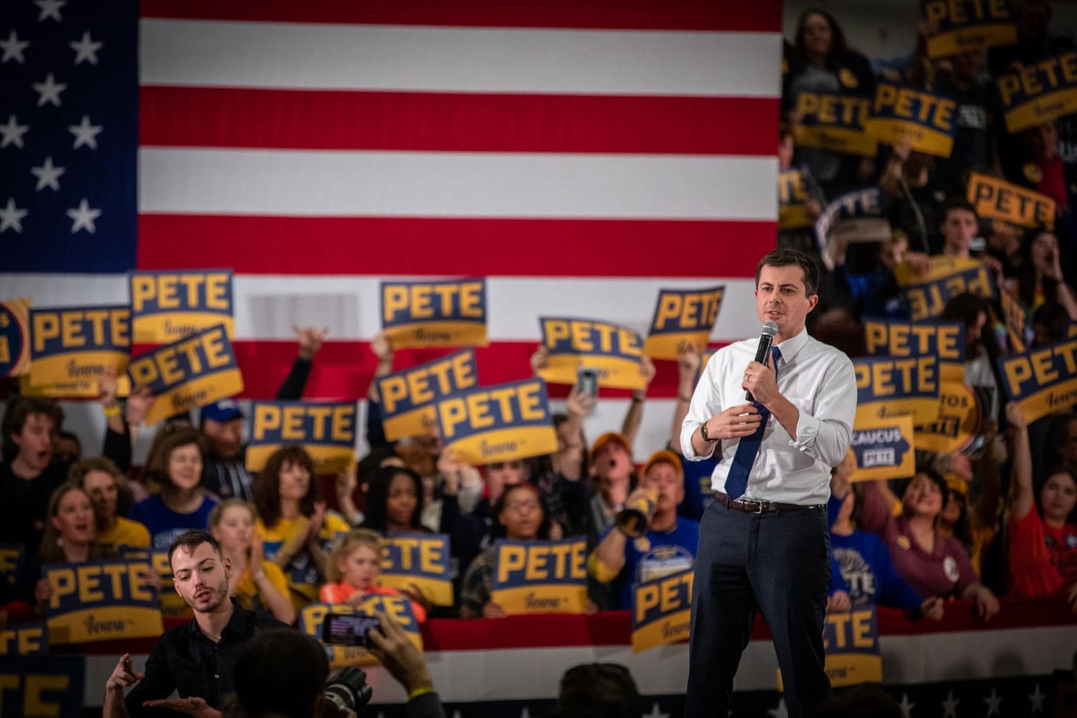 Democratic presidential candidate Pete Buttigieg addresses the crowd at a rally in Iowa.