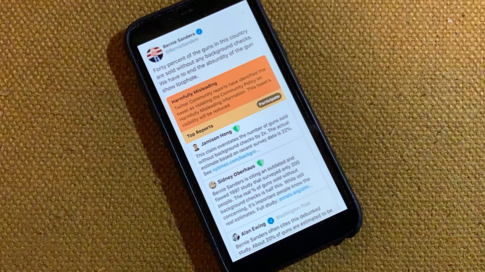 A Twitter posts with fake news gets a big warning sign.