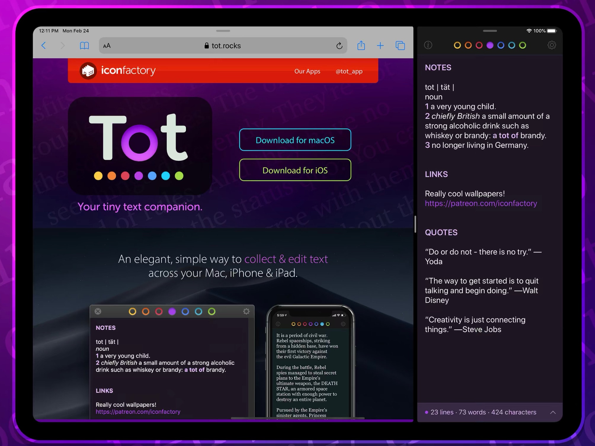 Tot Pocket from Iconfactory is a super-simple notes app for Mac and iOS. 