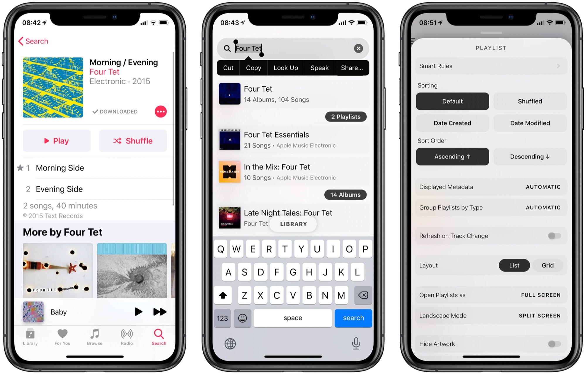 Apple Music search, Marvis search, and customizable views.