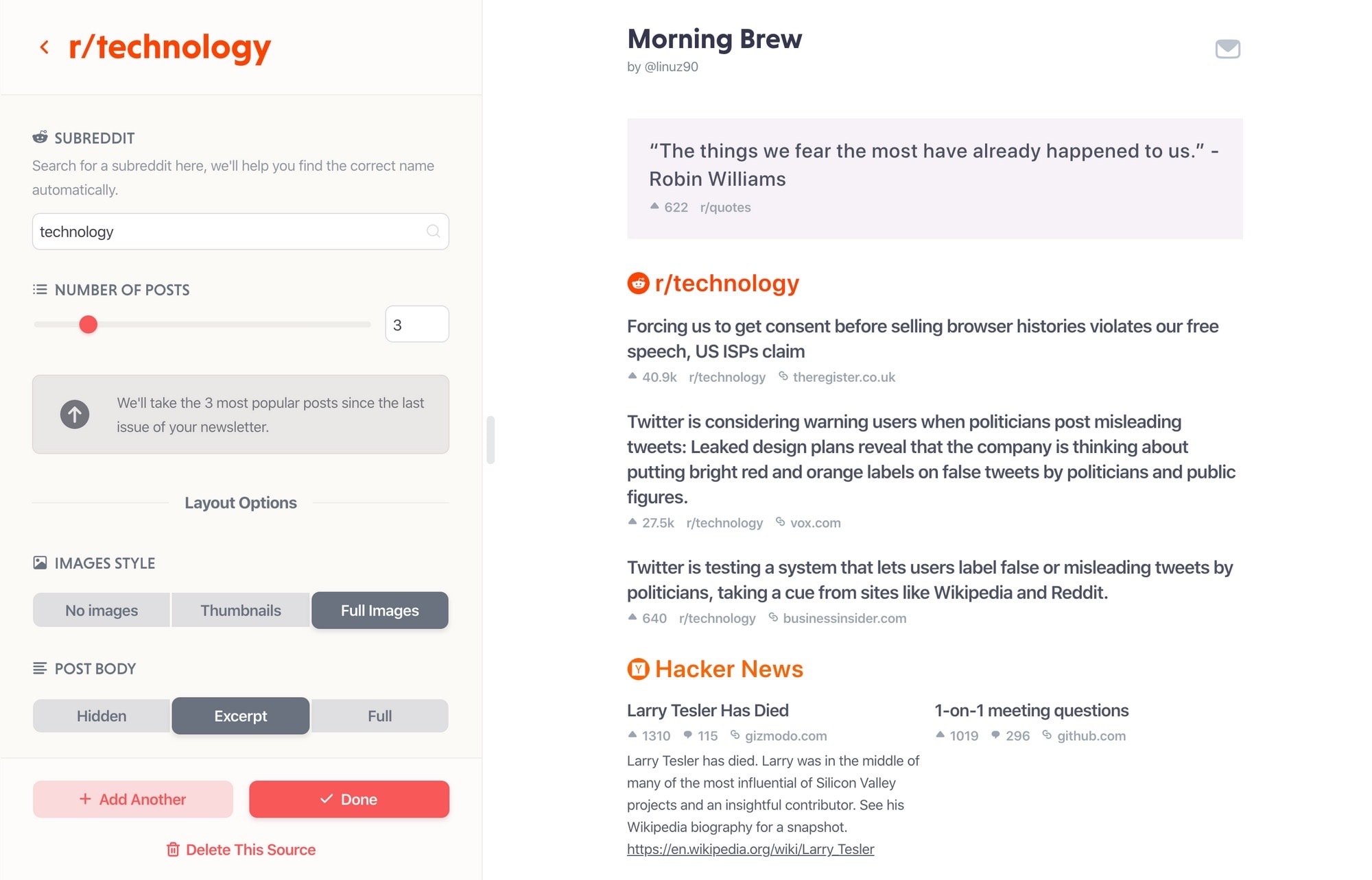 Mailbrew makes it easy to create customizable email newsletters out of various infomation streams.