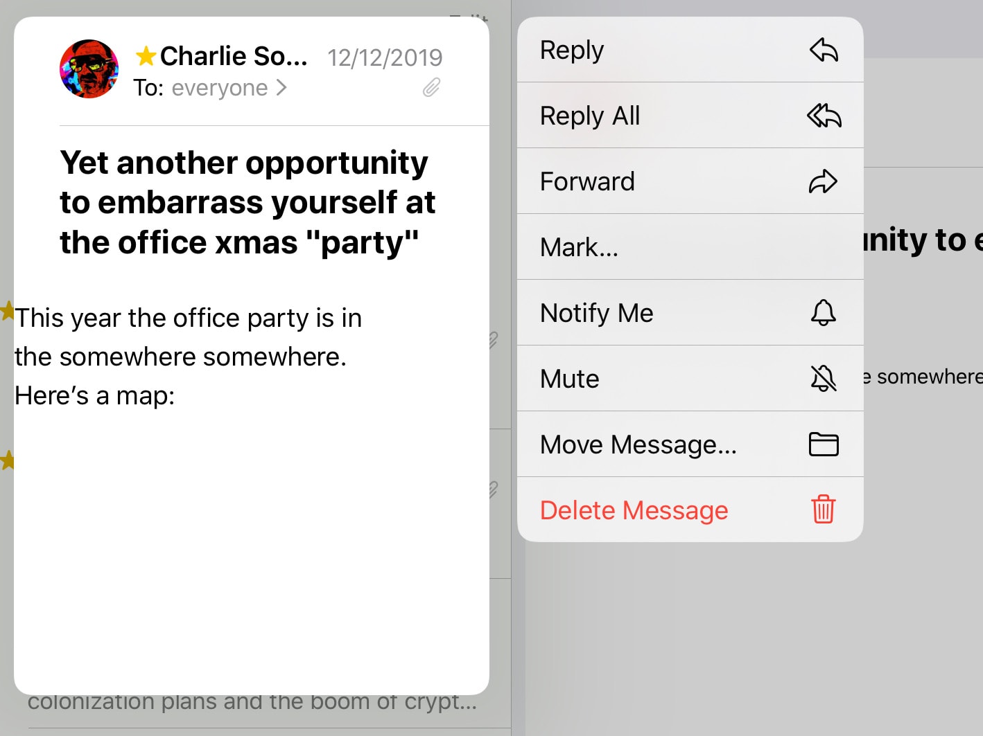 On the iPad, use the contextual menu to mark mail as spam. 