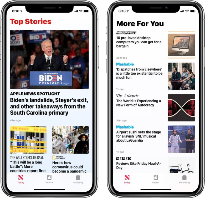 The Apple News app showing a standard view and a restricted story view: Restrict Stories in Today means you see the stories you're most interested in, and way less junk