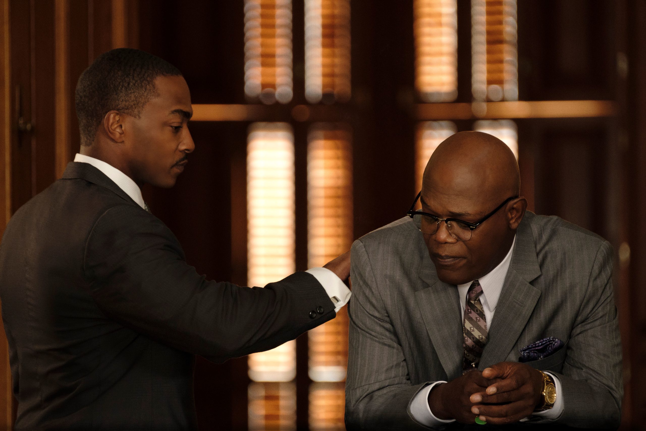 Anthony Mackie, left, and Samuel L. Jackson star in The Banker, out now on Apple TV+.
