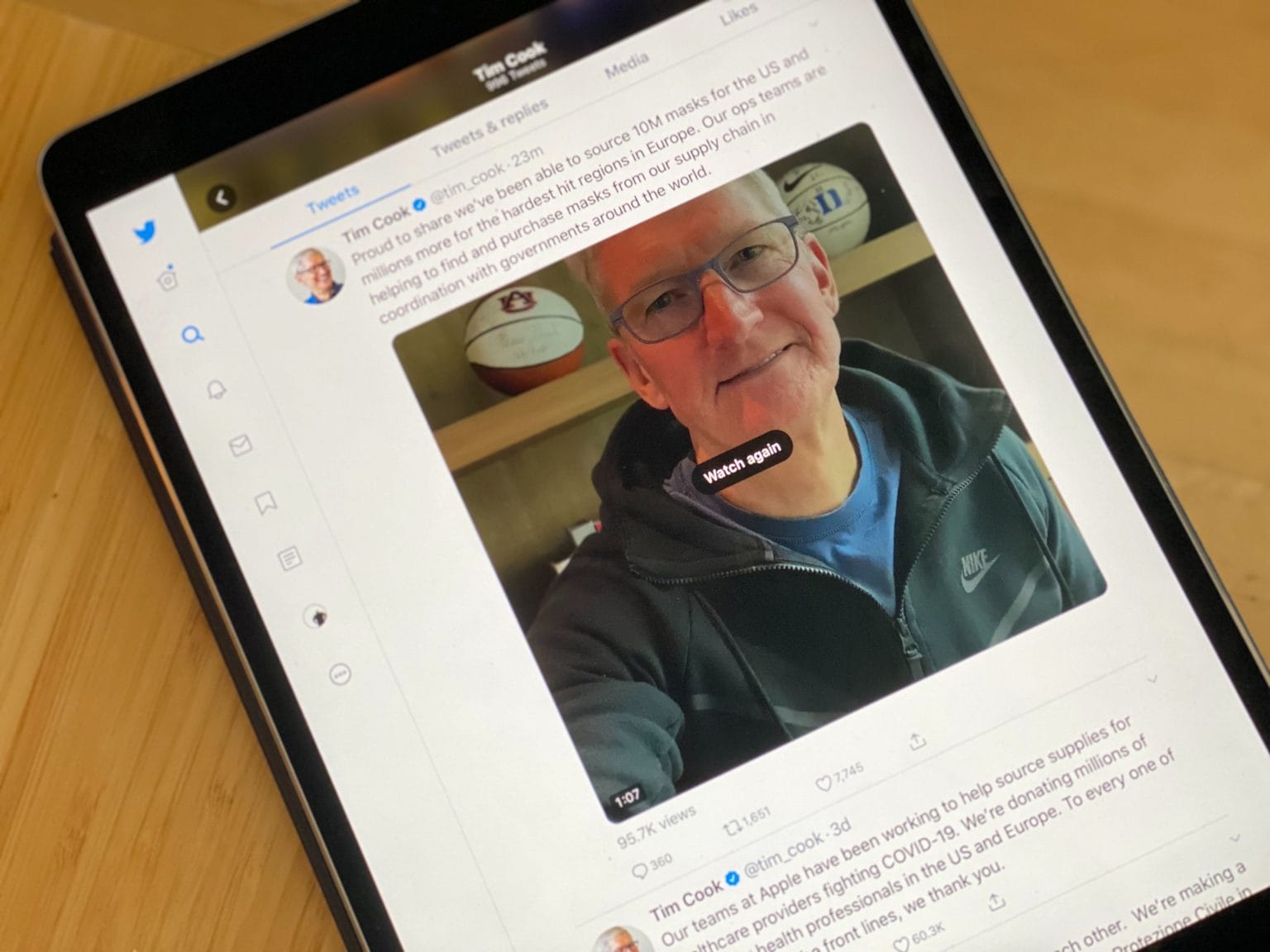 CEO Tim Cook hops on Twitter to offer some coronavirus advice and talk about Apple's mask donations.