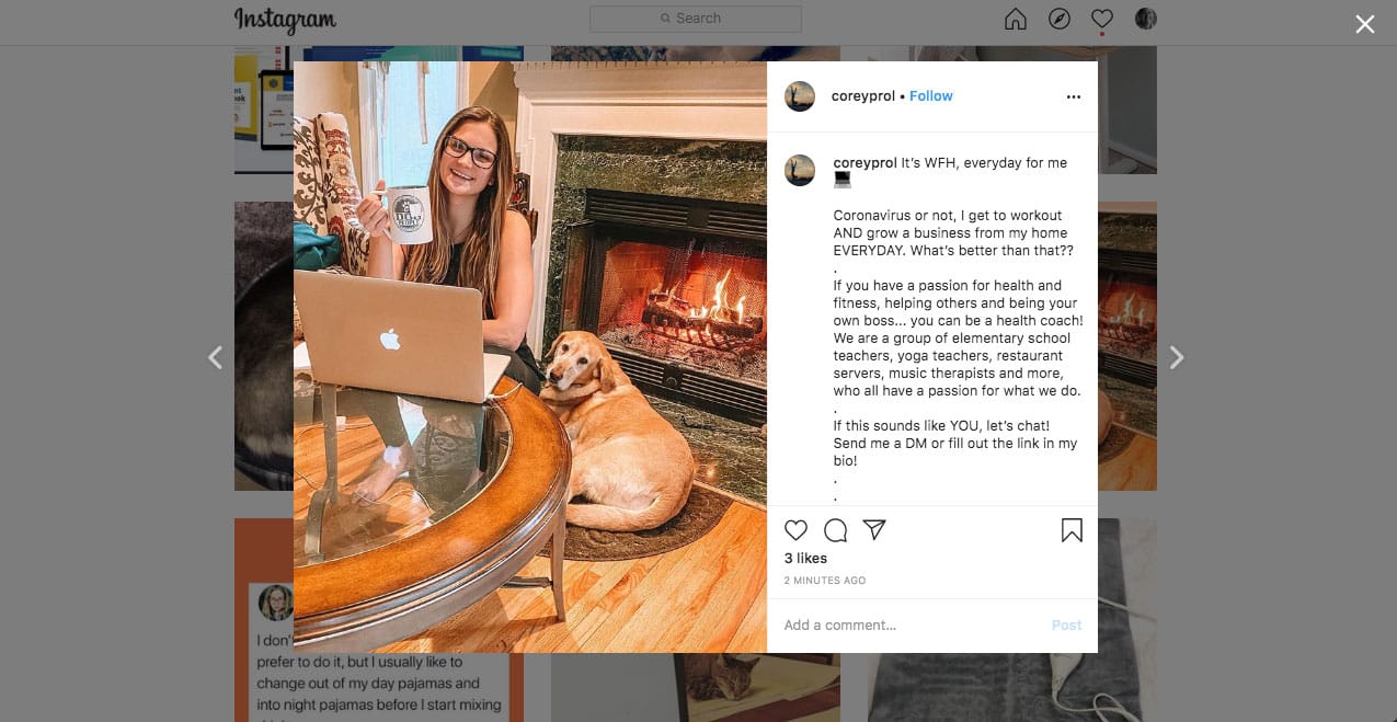 Instagram post on working from home