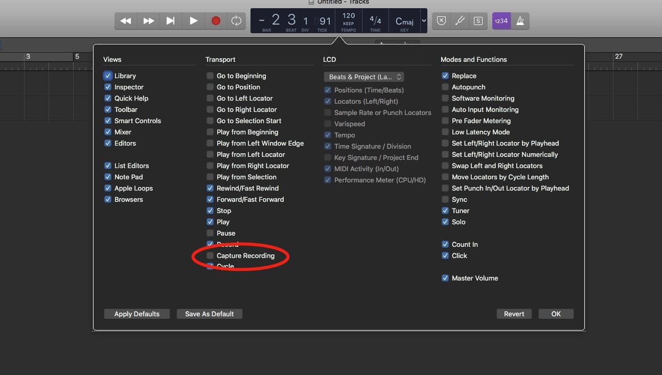 Check the box marked Capture Recording if you want Logic Pro X to record missed takes.