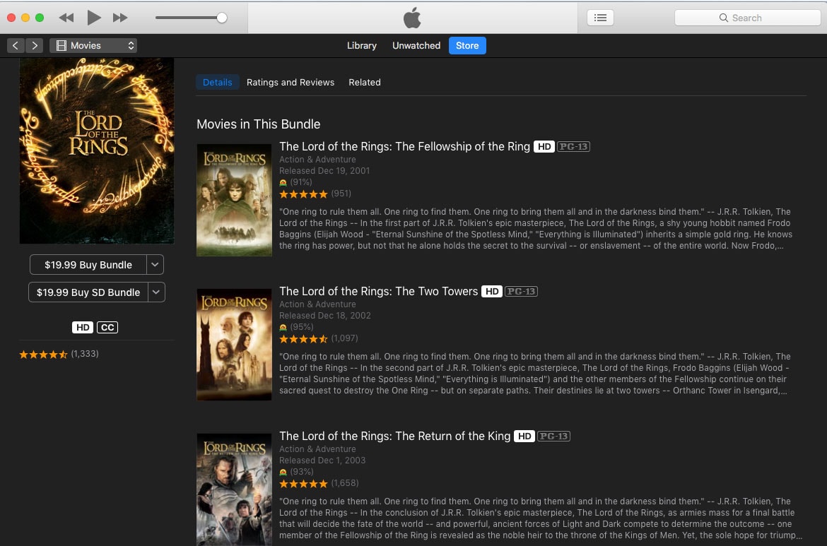 Lord of the Rings in iTunes