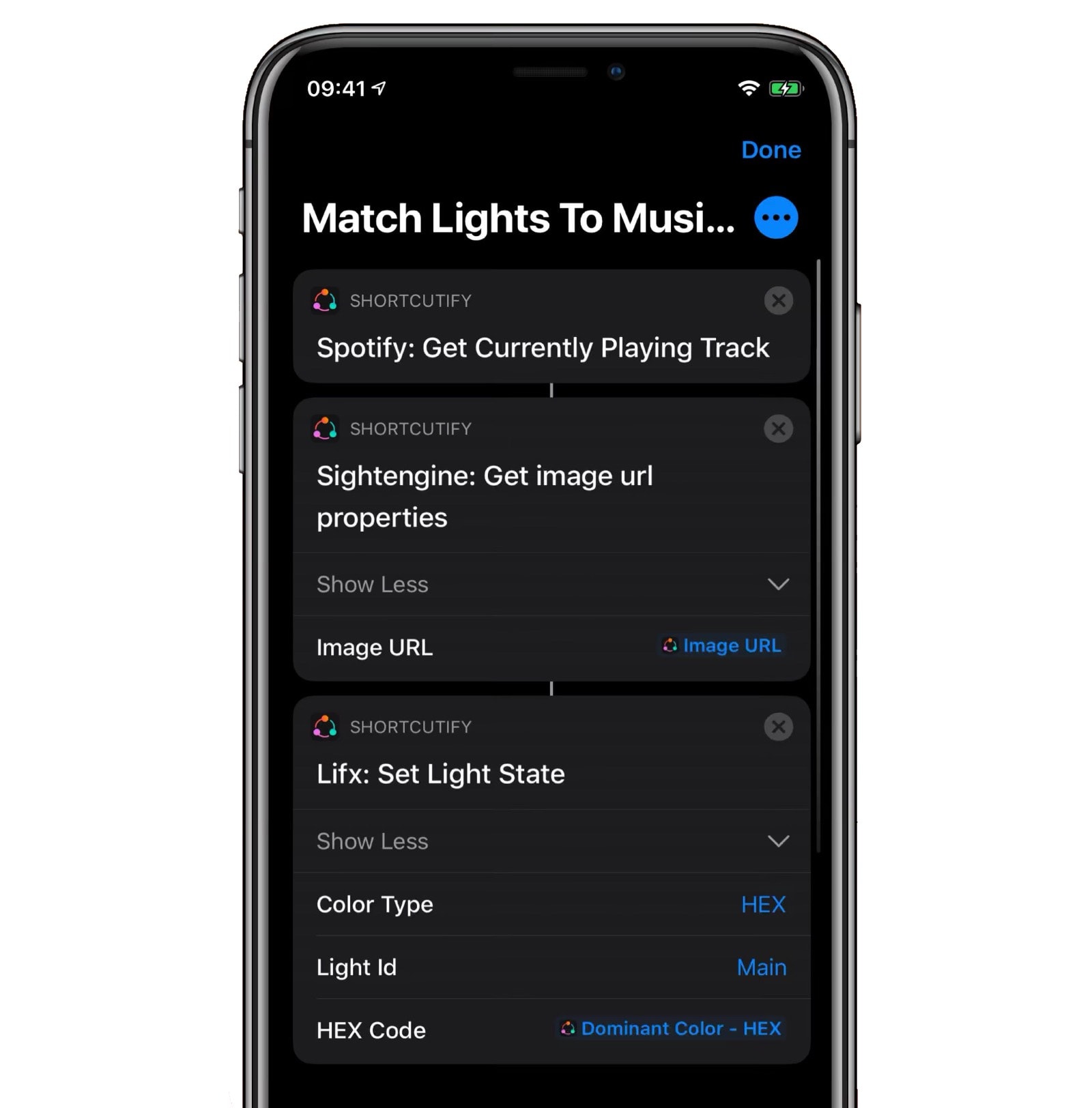 With Shortcutify, you can use a shortcut to change your room lighting to match your music. 