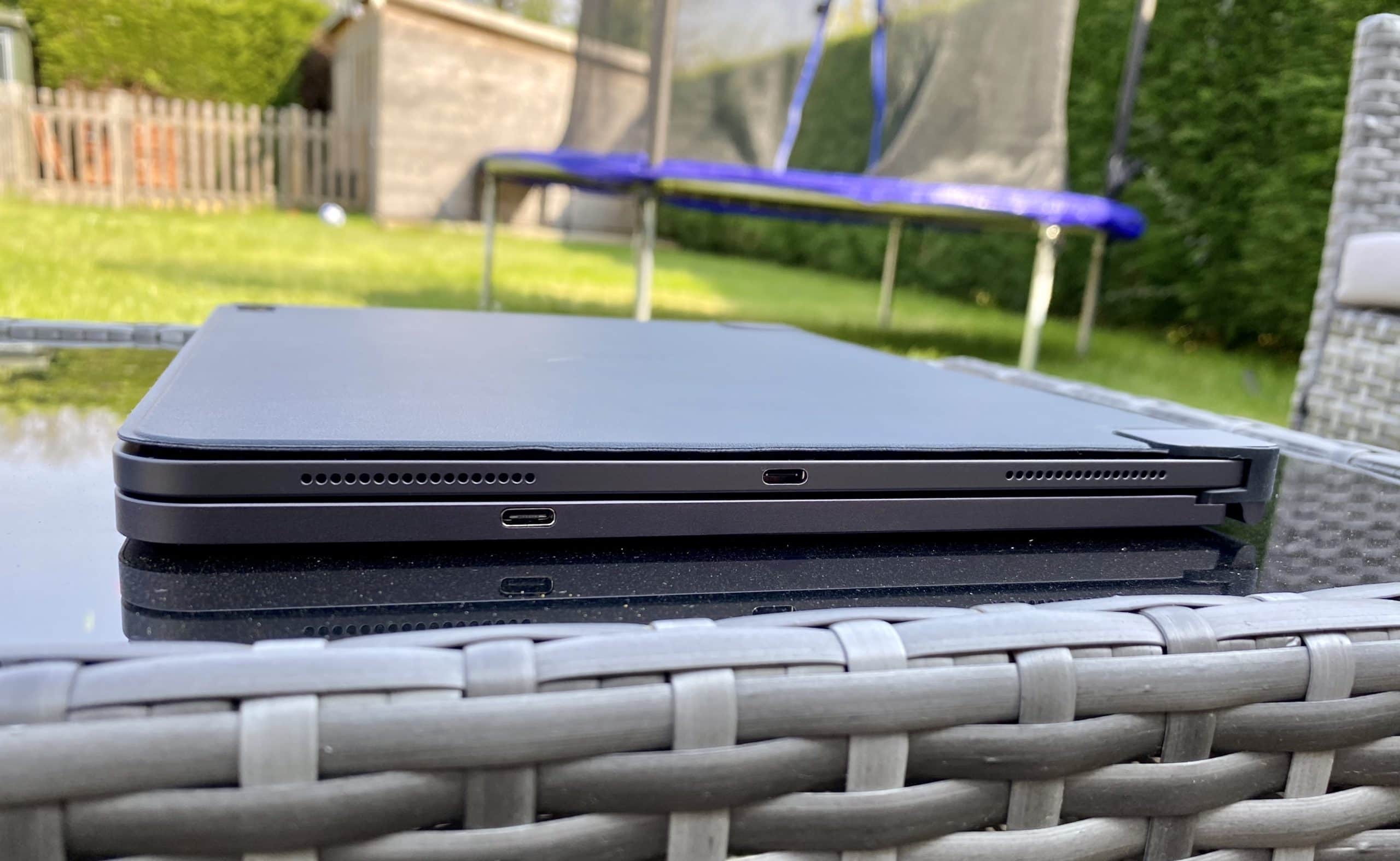 The Brydge Pro+ trackpad case measures about the same thickness as iPad Pro